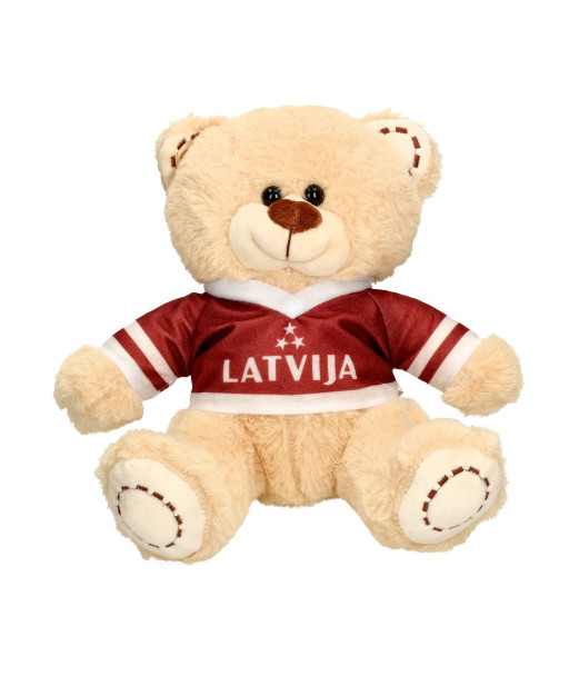 Mīksts plīša lācis ar Latvijas karoga krāsu kreklu