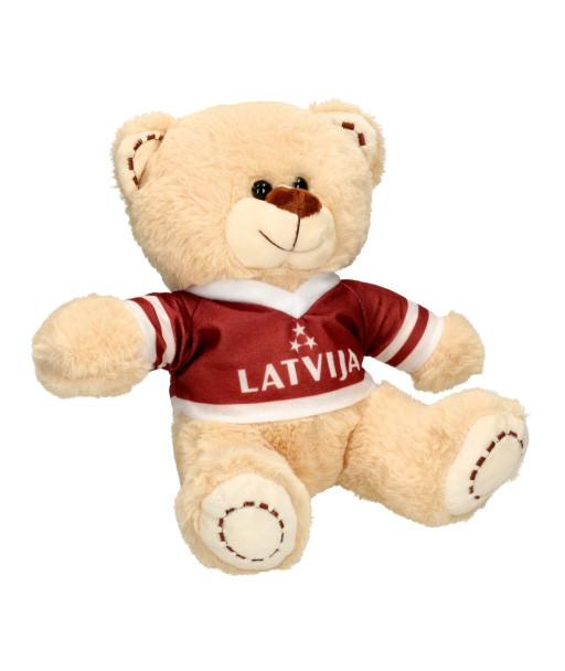 Mīksts plīša lācis ar Latvijas karoga krāsu kreklu